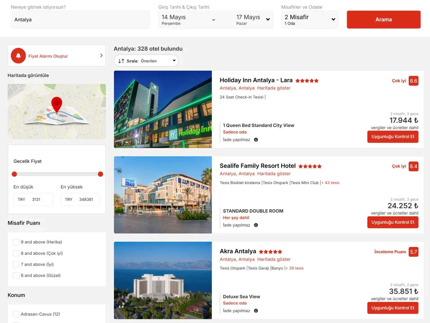 Semt kırılımlı konum filtresi ve otel sonuç kartları